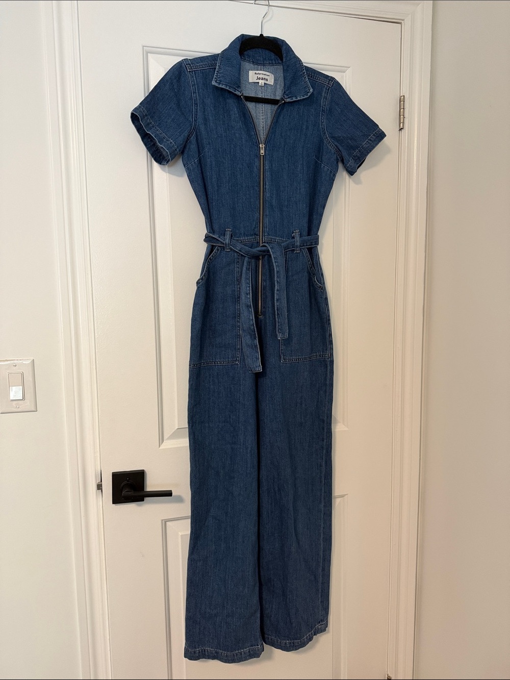 Reformation Women's Dark Blue Denim Jumpsuit with Belt